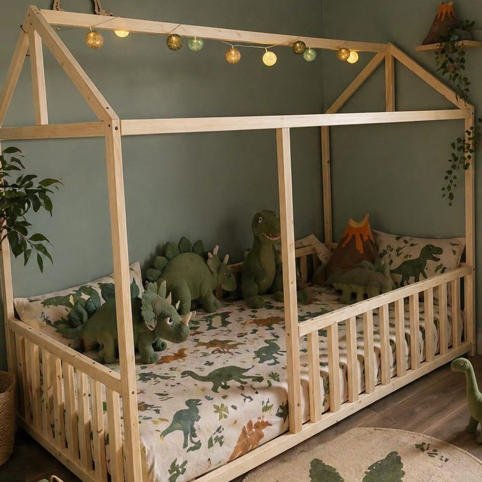 Chambre enfant douce avec lit cabane en bois clair