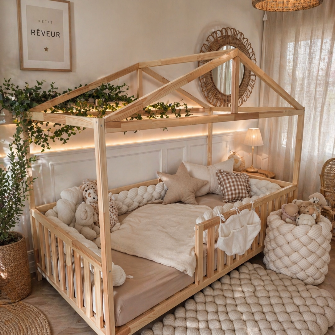 Lit Montessori en bois clair avec décoration épurée