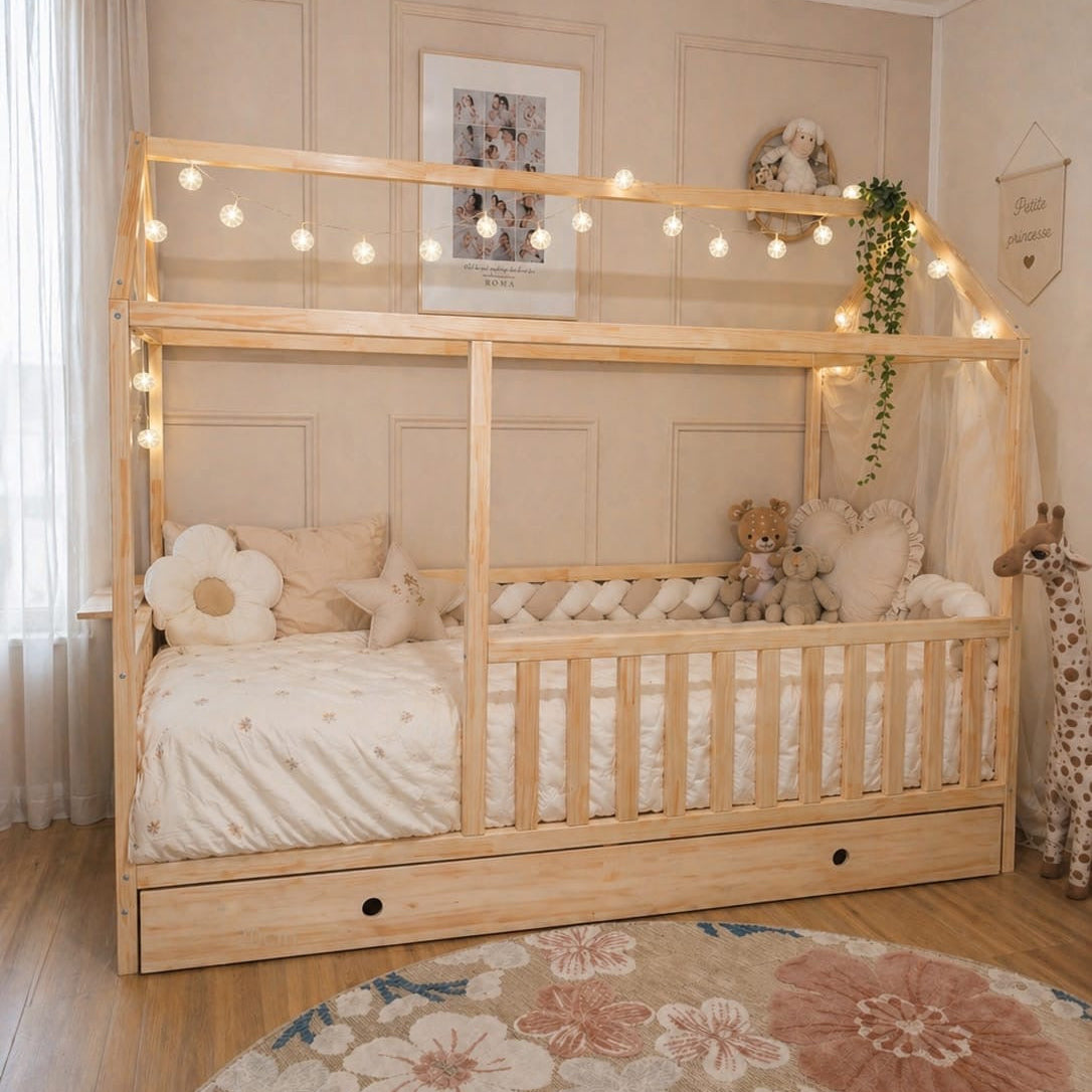     Lit cabane avec tiroir en 90x190cm en bois massif pour chambre mixte