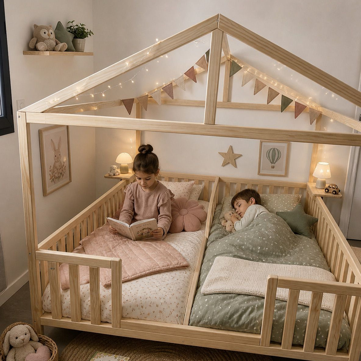 Lit cabane  double Montessori en bois massif naturel pour chambre enfant