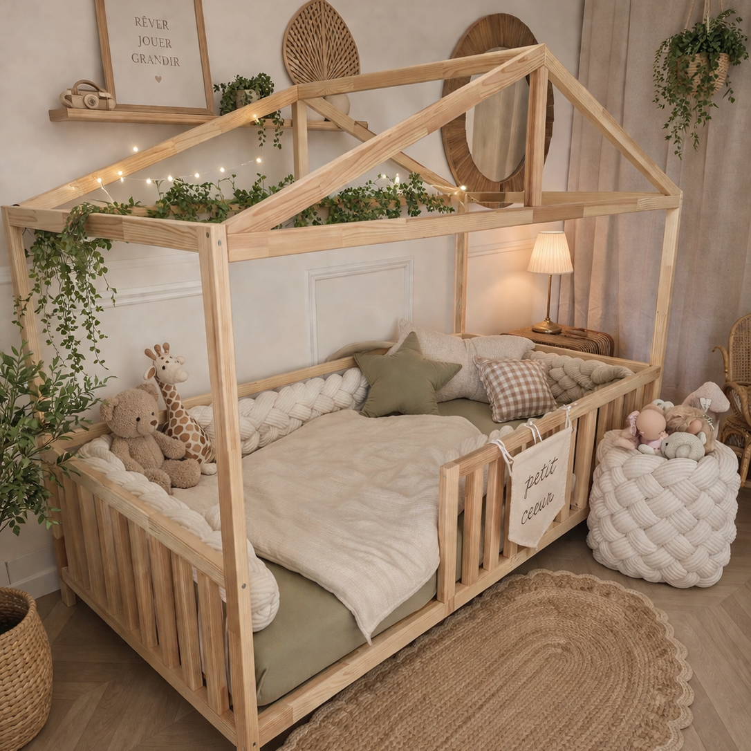 Lit cabane en bois massif avec ambiance chaleureuse pour enfant