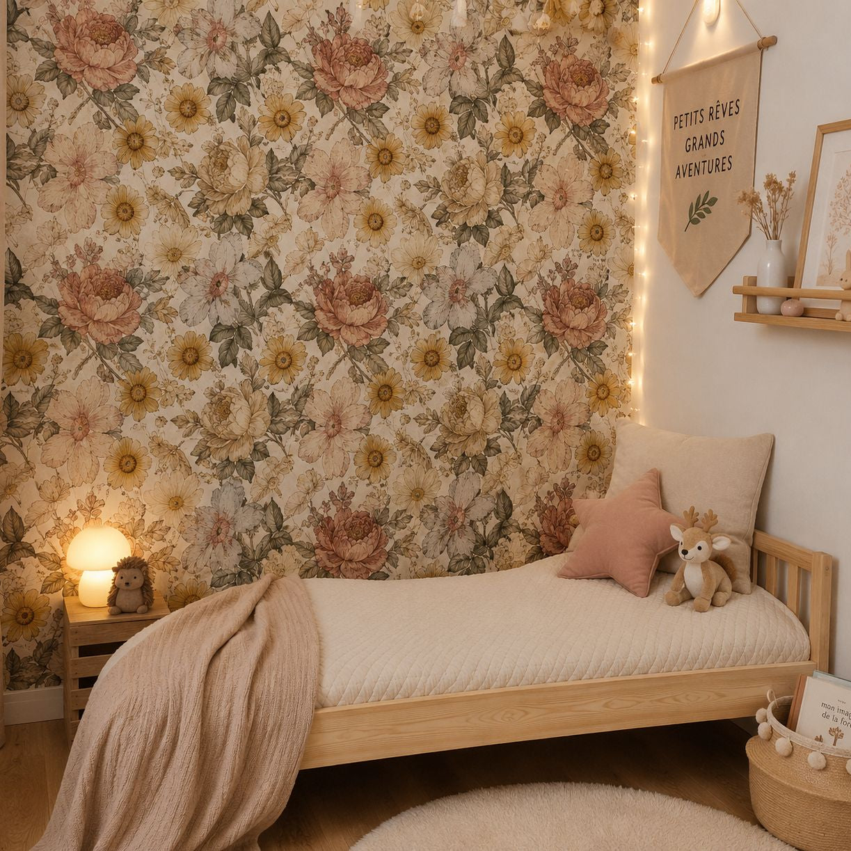     Lit Montessori enfant en bois massif beige et blanc