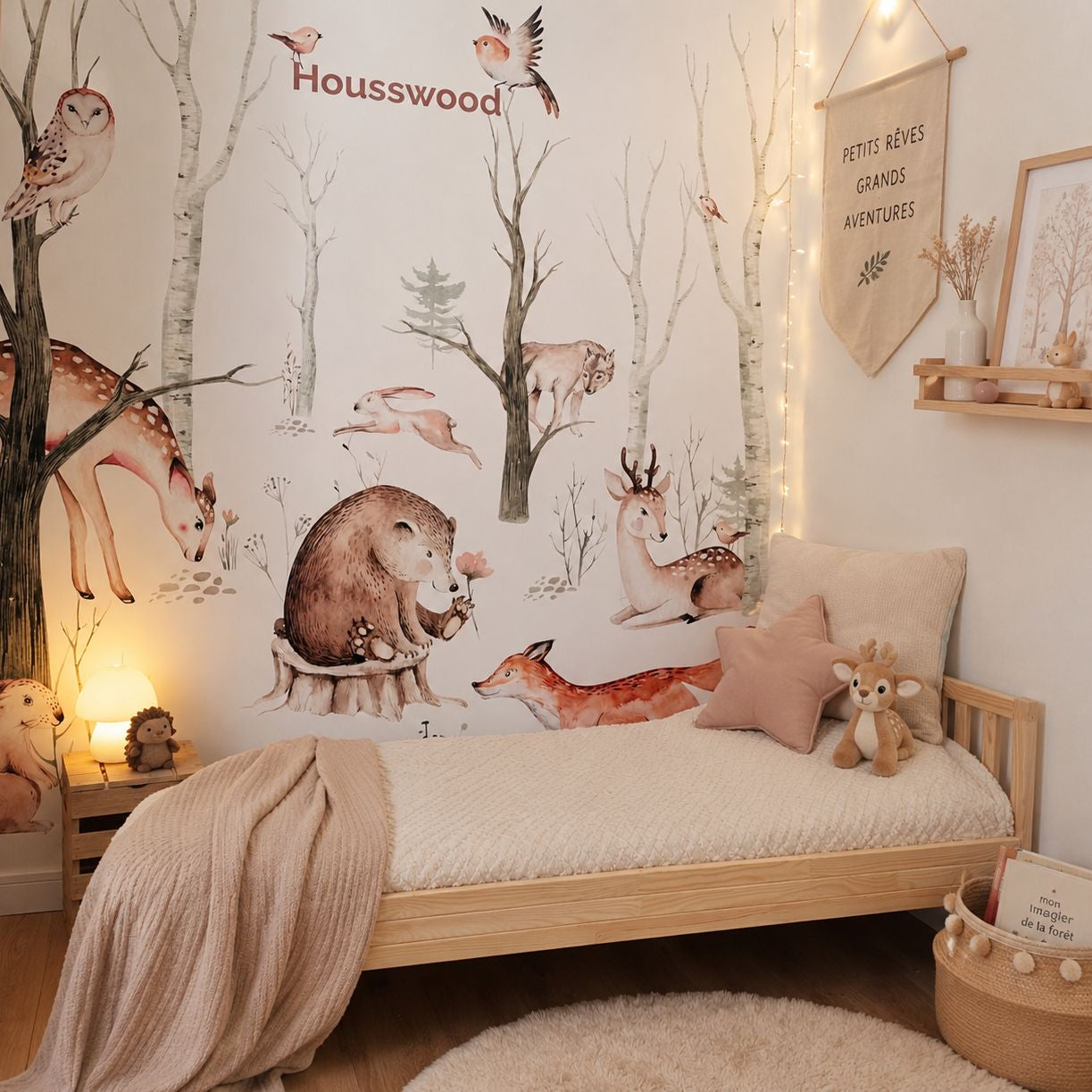     Chambre Montessori avec lit au sol en bois massif