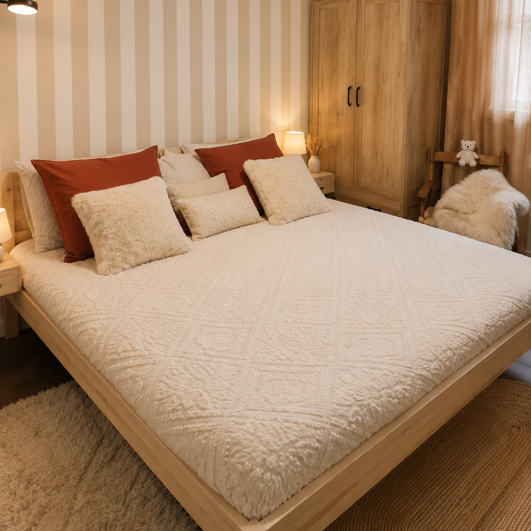     Lit enfant en bois naturel dans une chambre beige