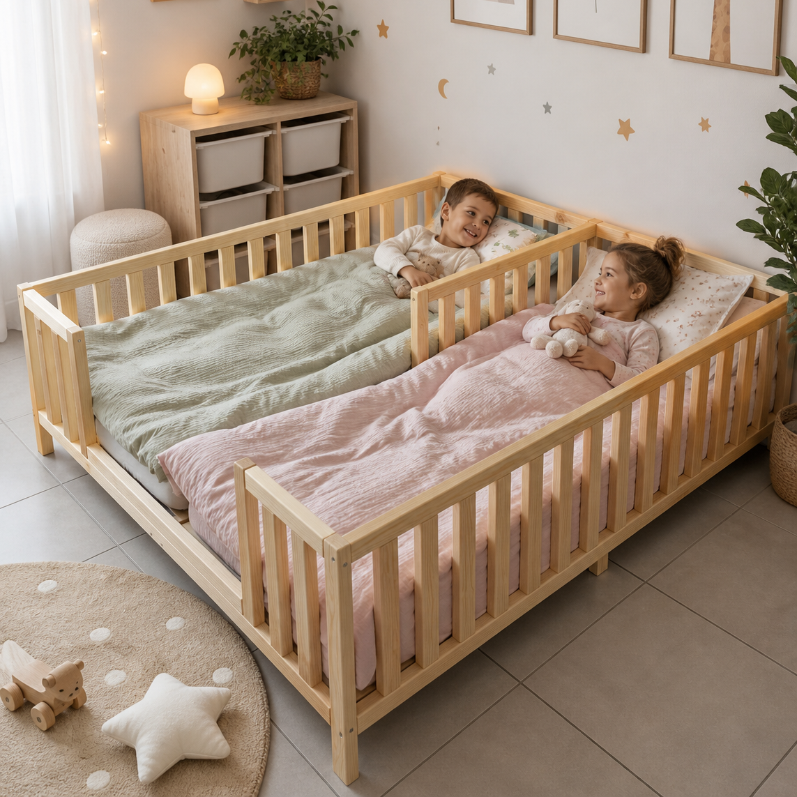 Chambre enfant beige avec lit cabane en bois Housswood pour 2 enfants 