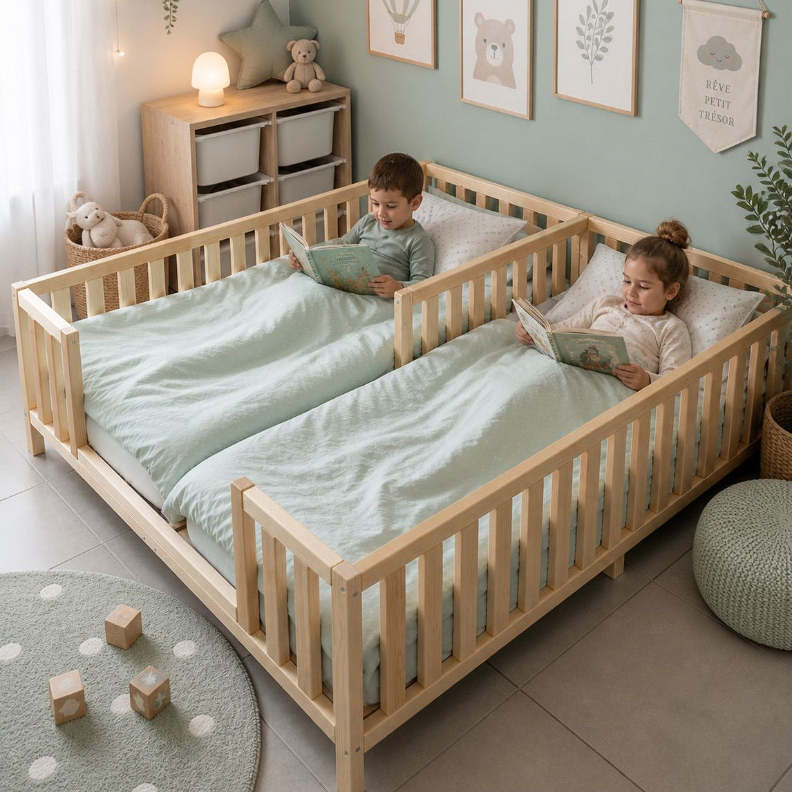 Enfants jouant dans un lit cabane en bois naturel Housswood et en lisant une histoire 